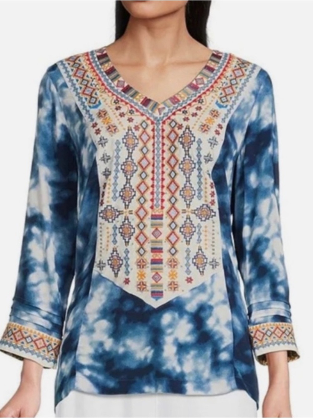 John Mark Blue Tie-Dye Boho Embroidered V-Neck Top